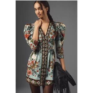 Farm Rio Blue Beauty Bouquet Mini Dress V-Neck Embroidered Cotton Size Small